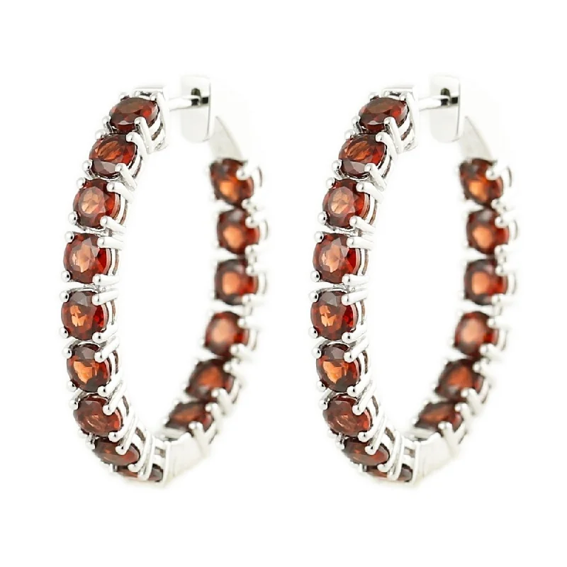 Sterling Silver Hoop Garnet Earrings