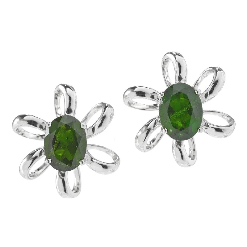 Sterling Silver Oval Diopside Flower Stud Earrings