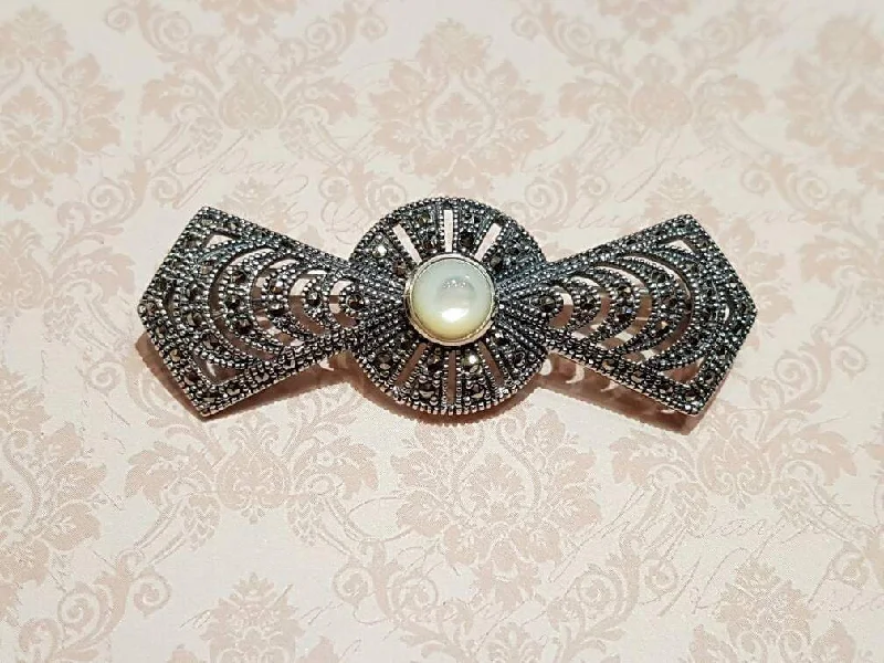 Art Deco Brooch Silver Marcasite Mother of Pearl Bridal Pendant Pin Vintage Bride