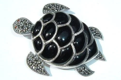 Black Turtle Onyx Brooch Silver Marcasite