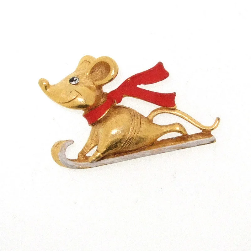 Butler & Wilson Christmas Tree Mouse on a Sled Brooch Pin