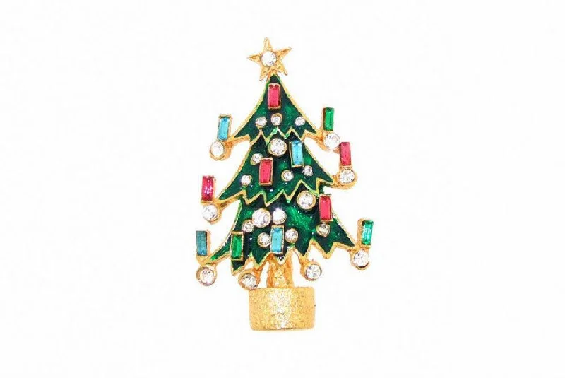 Christmas Tree Brooch Pin by Sardi Green Enamel Crystal