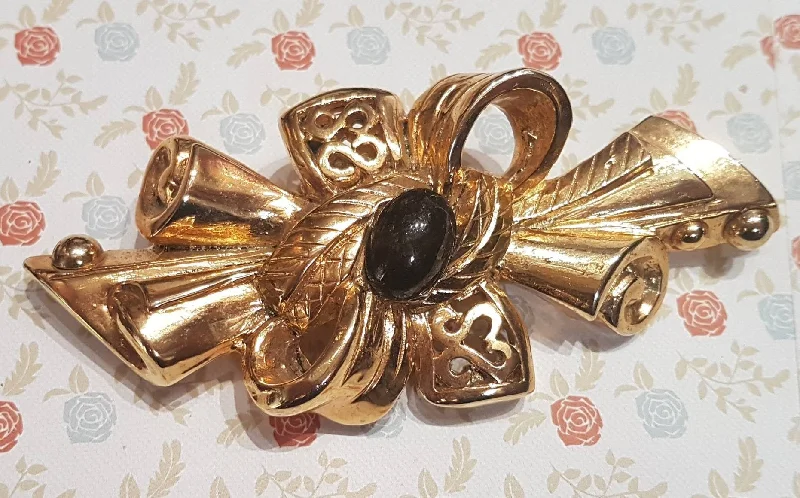 Gold Black Brooch  Statement Vintage Large Designer