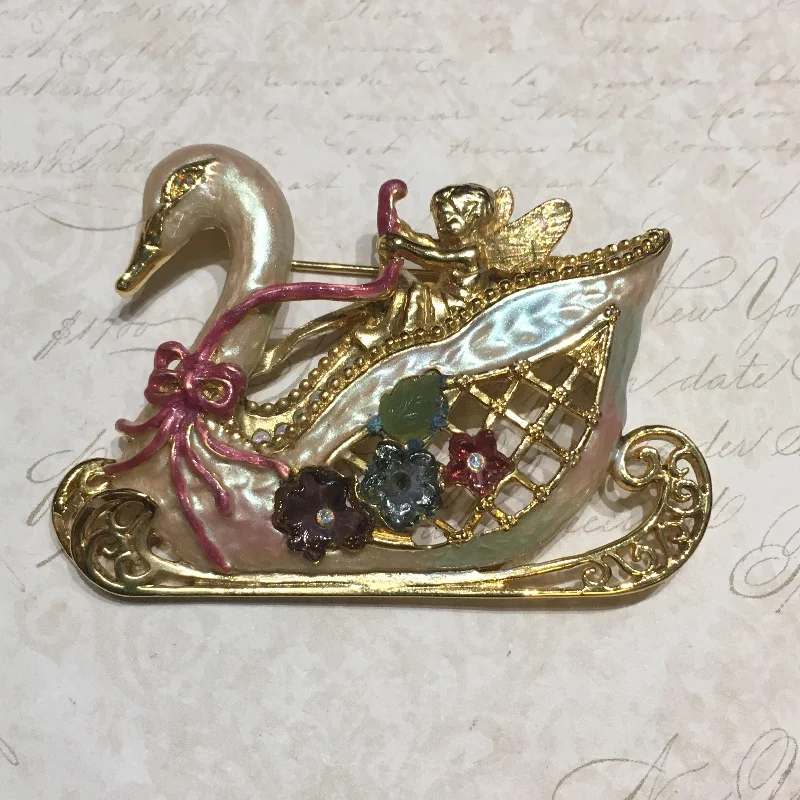 Kirks Folly Swan Princess Cherub on Sleigh Brooch