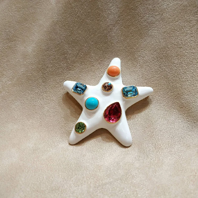 Kenneth Jay Lane Starfish Brooch White Enamel Coral Turquiose Large Statement