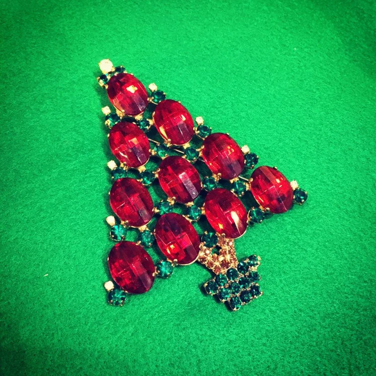 Large Christmas Tree Brooch Red Green Pin by Cristobal London