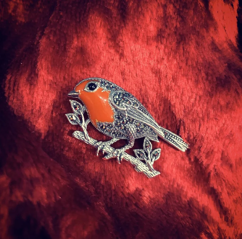 Red Enamel Robin Brooch Silver Marcasite