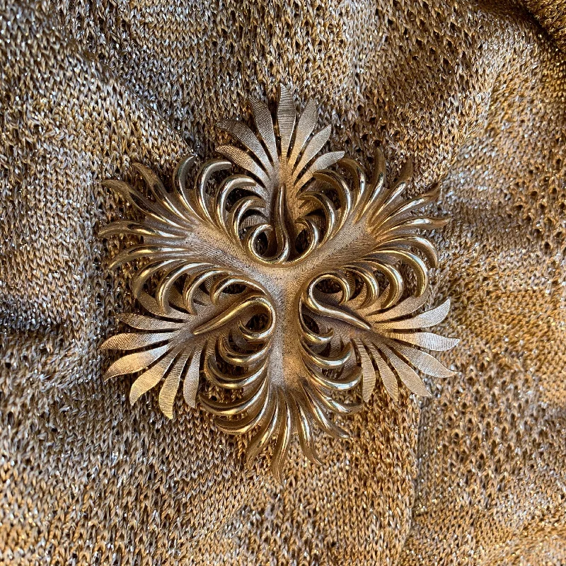 Trifari Fire Flower Leaf Gold Brooch 1970s Vintage