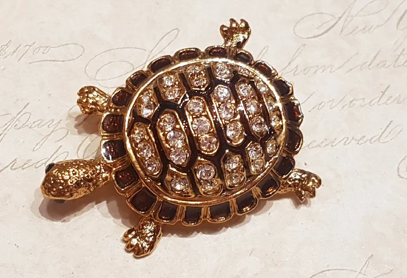 Turtle Brooch Gold Brown Enamel Glass Stones by Sardi