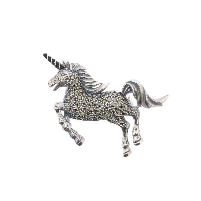 Unicorn Brooch Silver Marcasite Pendant Necklace