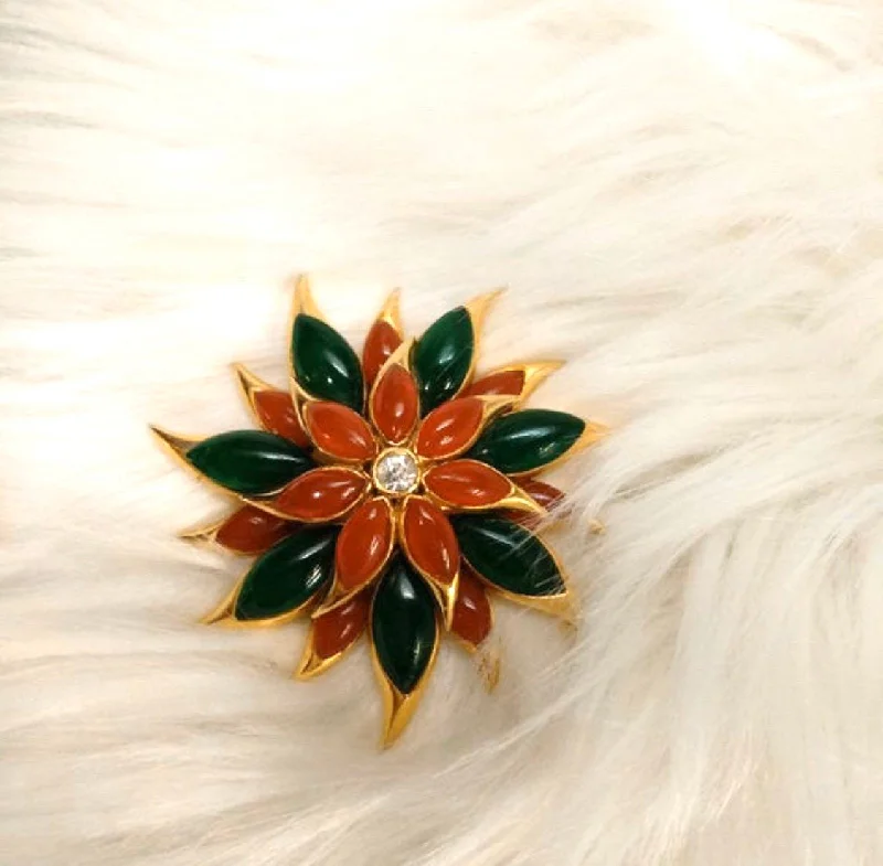 Vintage Sphinx Flower Brooch Green/Red glass flower Carnelian Red Agate