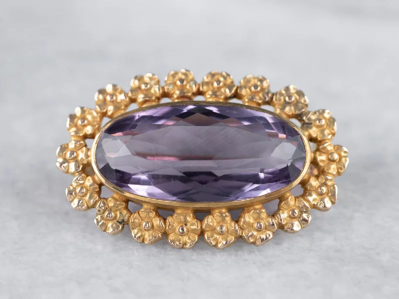 Gold Floral Amethyst Brooch