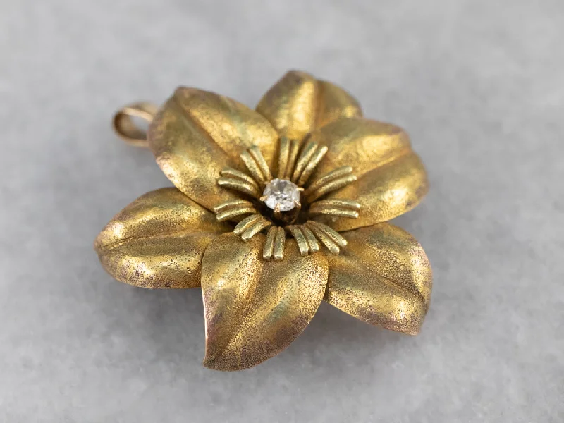 Antique Diamond Gold Flower Brooch Pendant