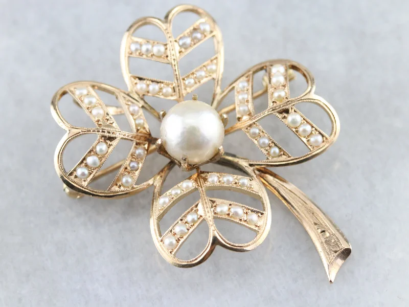 Antique Pearl Four Leaf Clover Brooch or Pendant