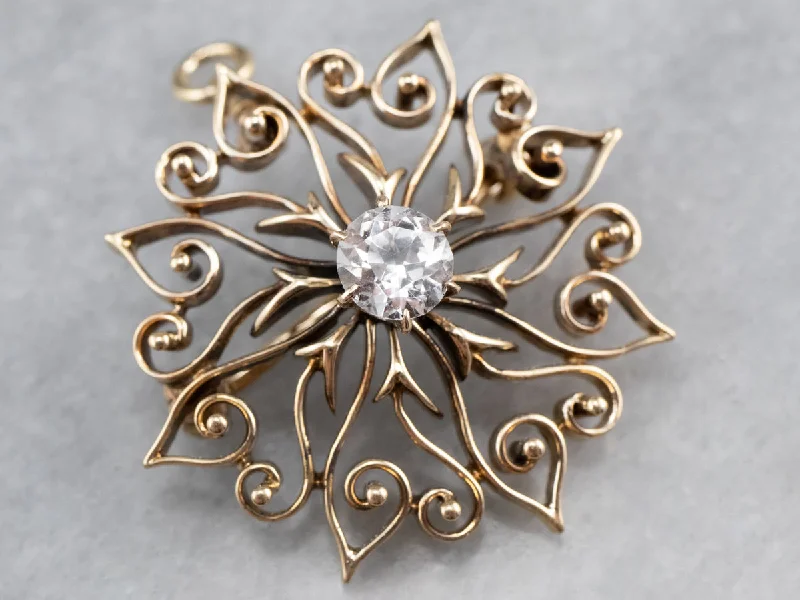 Antique White Sapphire Gold Filigree Brooch Pendant