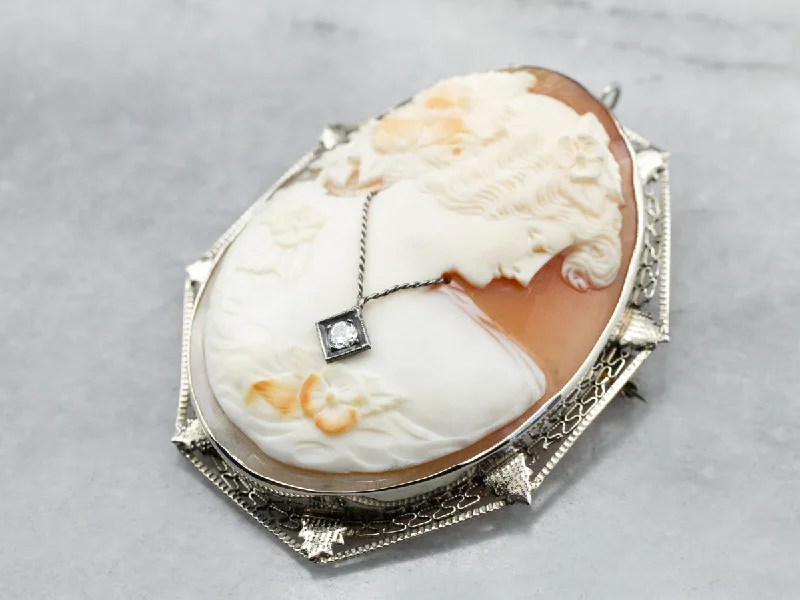 Art Deco Cameo Diamond Filigree Brooch Pendant