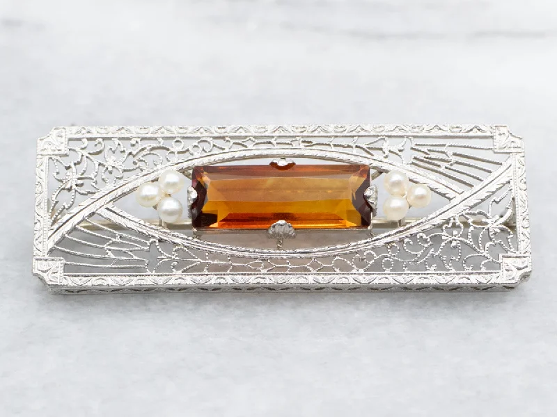 Art Deco Citrine and Seed Pearl Filigree Brooch