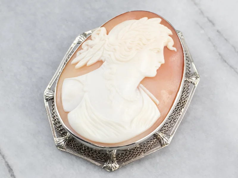 Art Deco Demeter Cameo White Gold Brooch Pendant