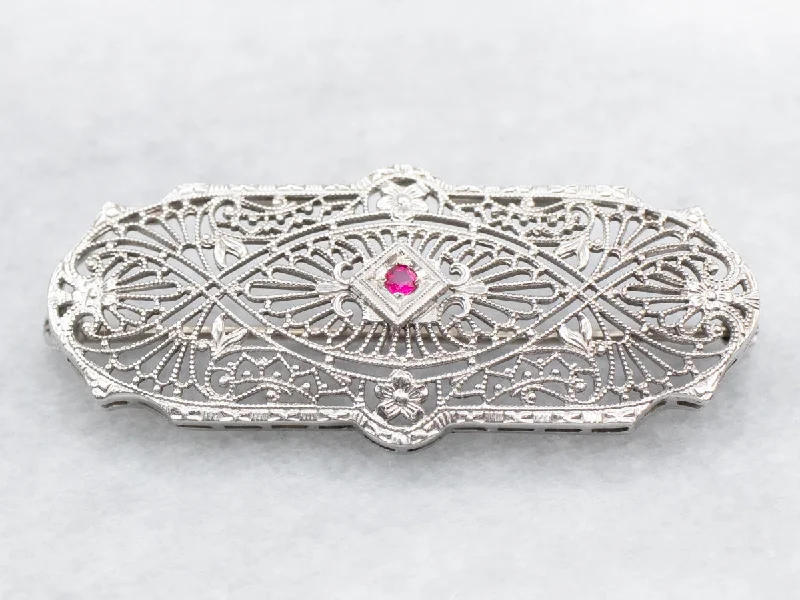 Art Deco Synthetic Ruby Filigree Brooch