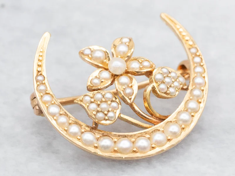 Art Nouveau Seed Pearl Moon and Flower Brooch