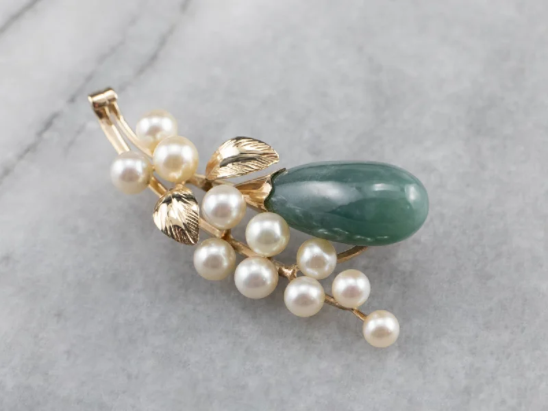 Botanical Jadeite Pearl Gold Brooch