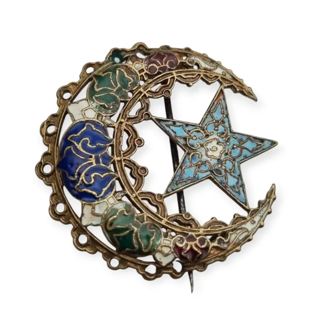 Antique cloisonné enamel brooch in the shape of a moon and star, oriental jewel.