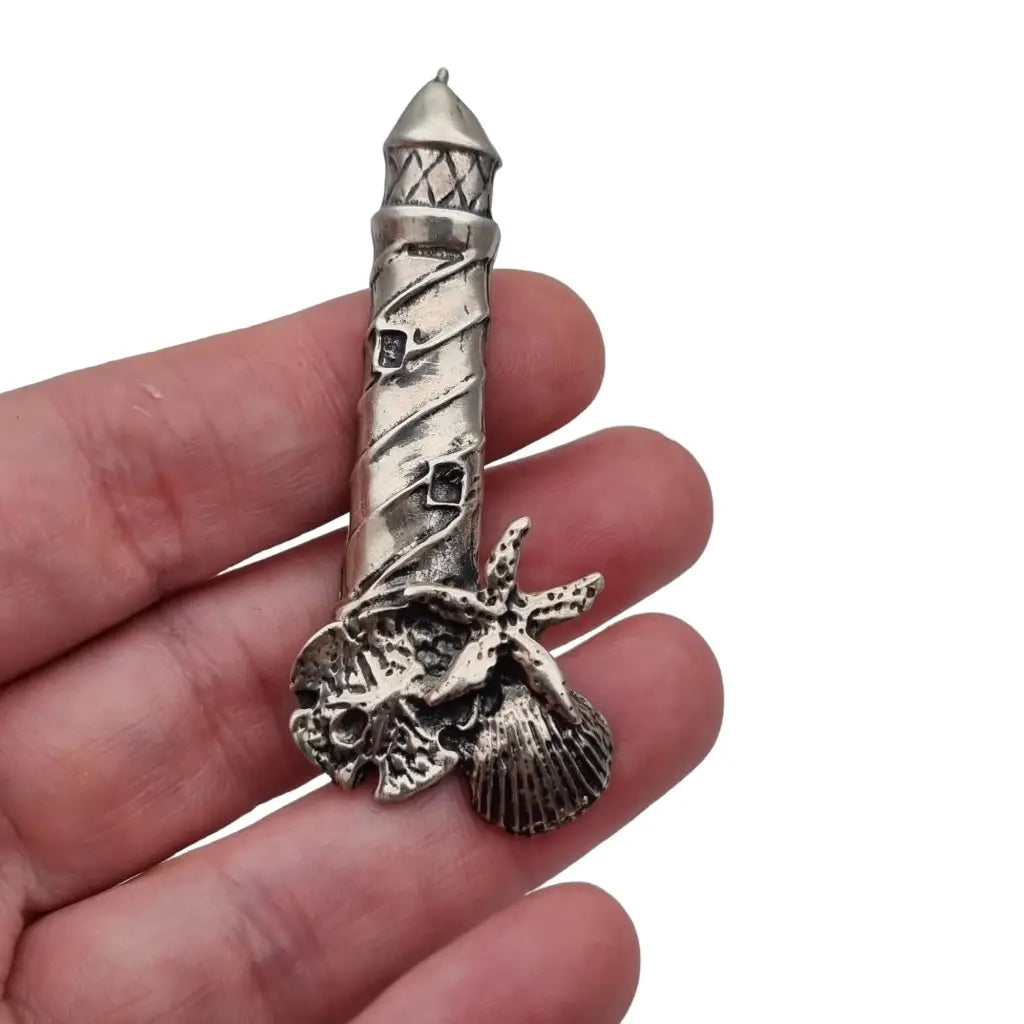 Antique silver lighthouse brooch, pin with marine motifs, vintage gifts.