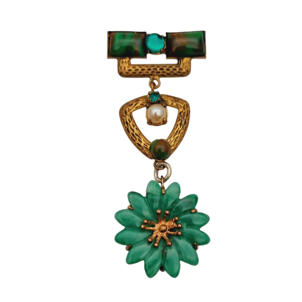 Art Deco articulated green flower brooch, fantasy jewelry with rhinestones and pearl.