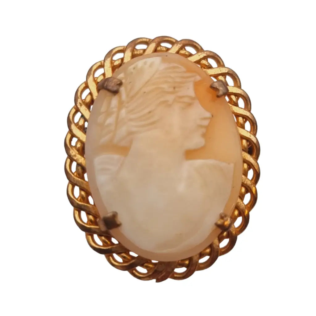 Antique carved shell gold cameo brooch for women, gift jewelry.