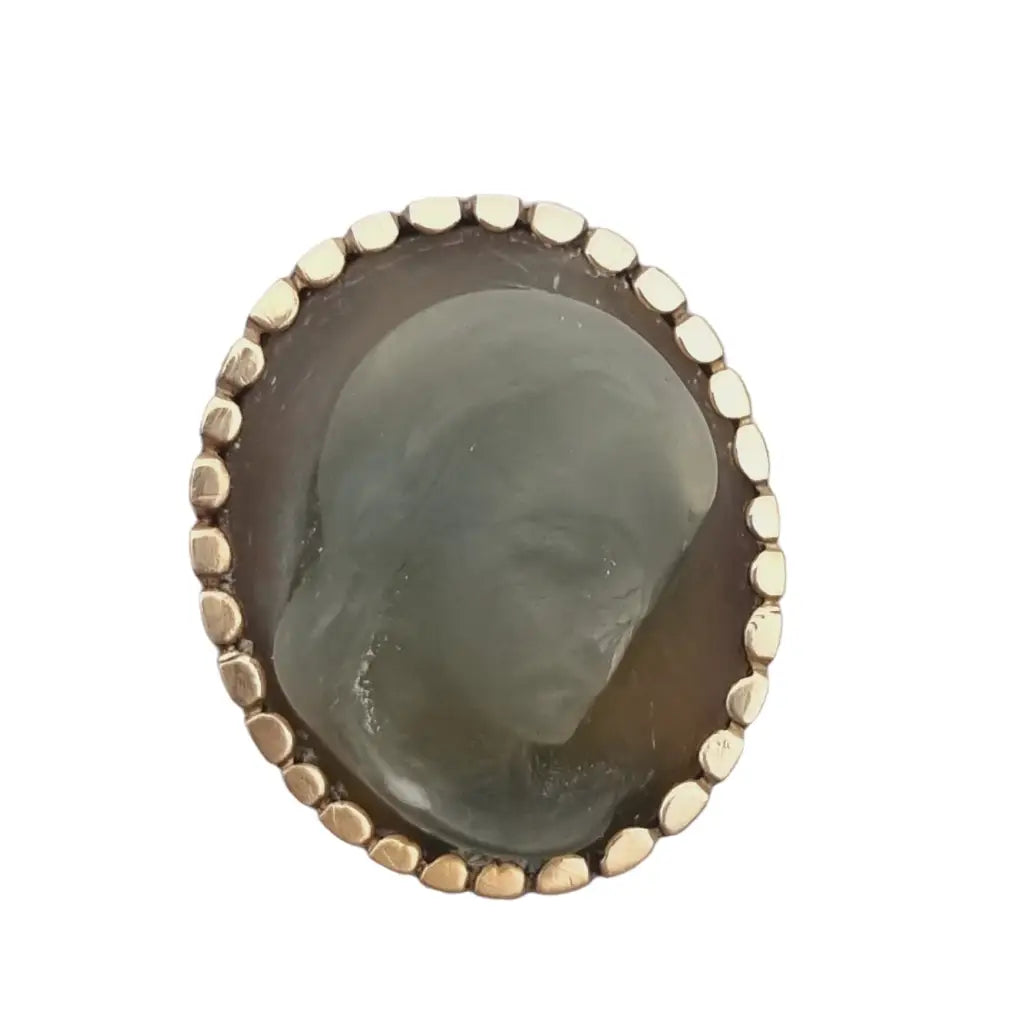 Religious carved virgin cameo brooch, 1940s, silver Catholic jewelry.