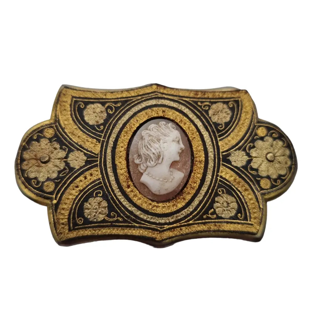 Antique Toledo gold damascene brooch with cameo from the 1940s.