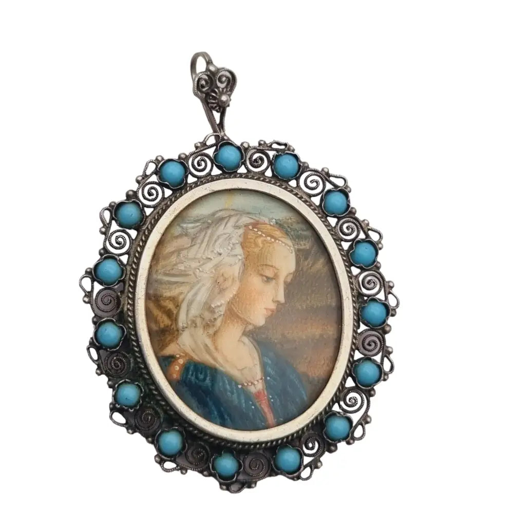 Miniature brooch: virgin with child by filippo lippi in 800 silver filigree.