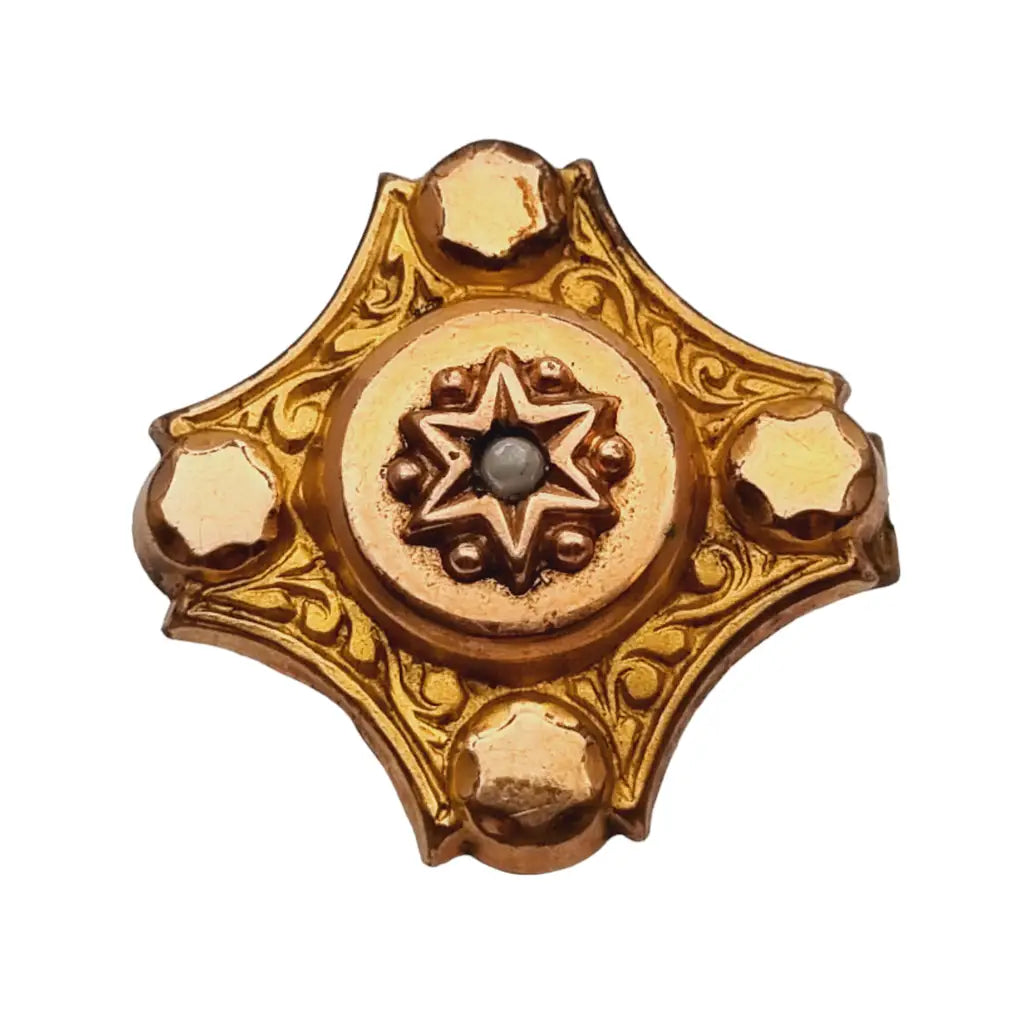 French Victorian gold brooch, antique women's button with pearl. 1890.