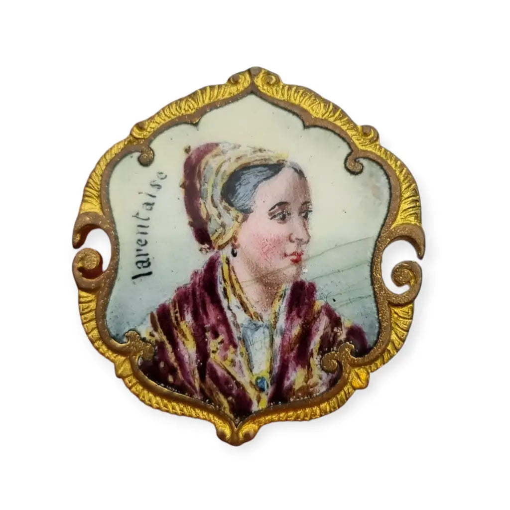 French lady's brooch in gilt and enamelled metal signed Tarentaise, 1900.