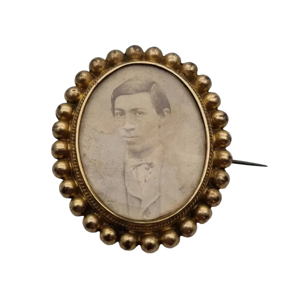 Victorian gold locket brooch for photo, antique mother-of-pearl cap pin.