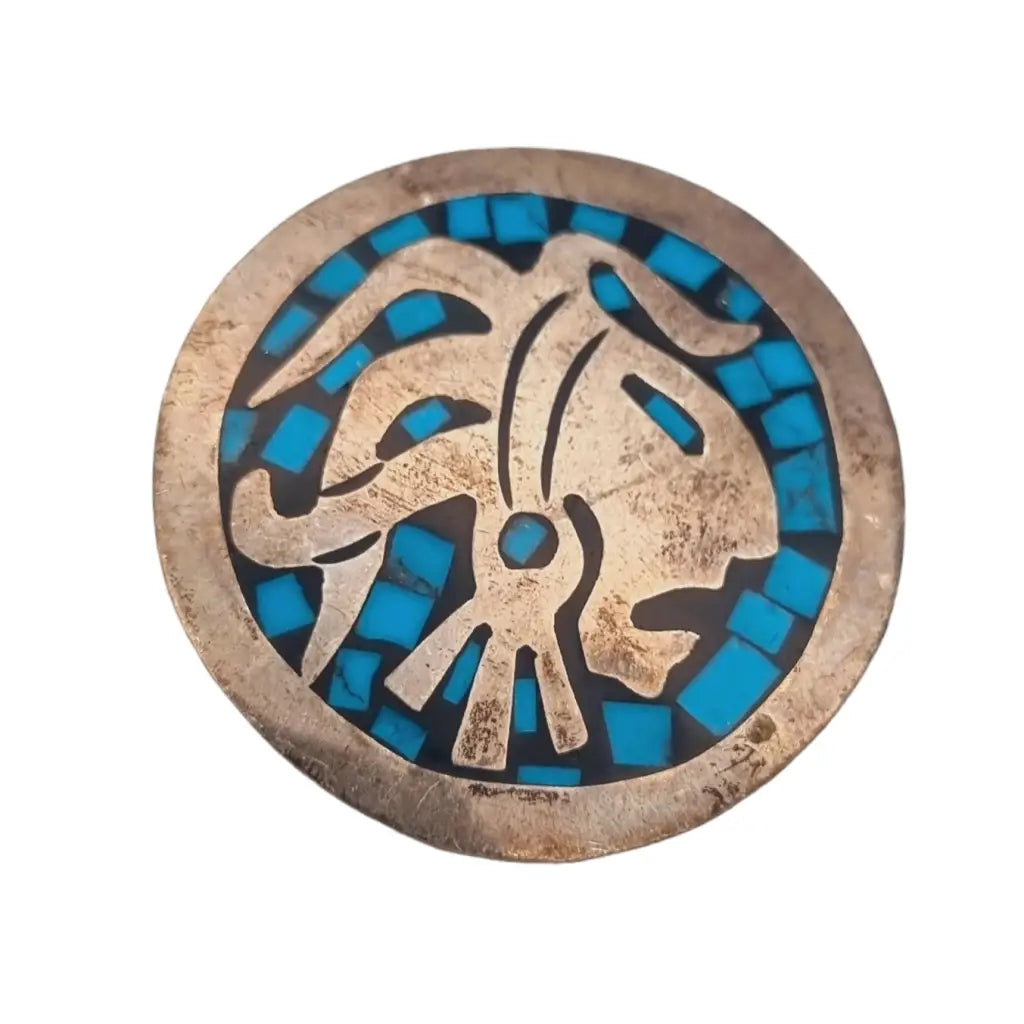 Aztec warrior brooch, silver pendant, turquoise blue mosaic, Mexico tr-138.