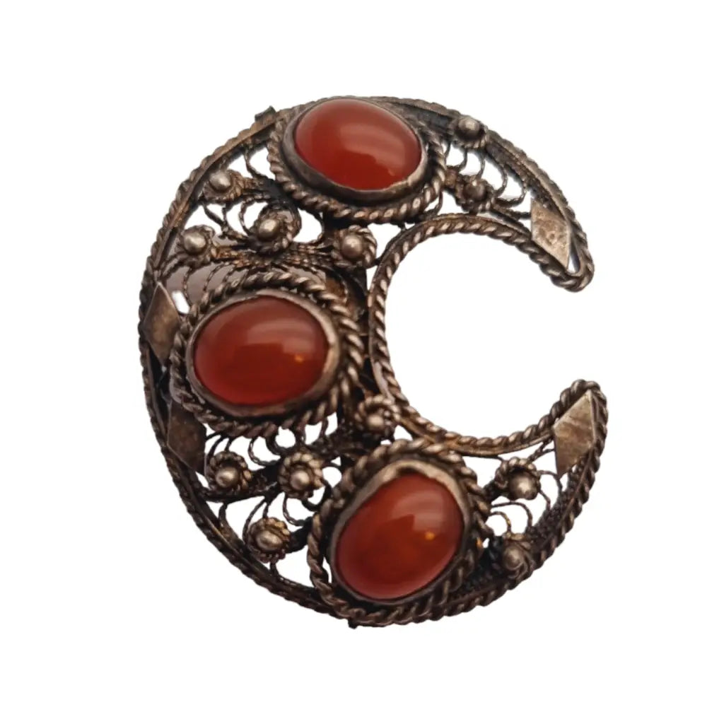 Silver and carnelian filigree moon brooch, natural stone boho jewelry.