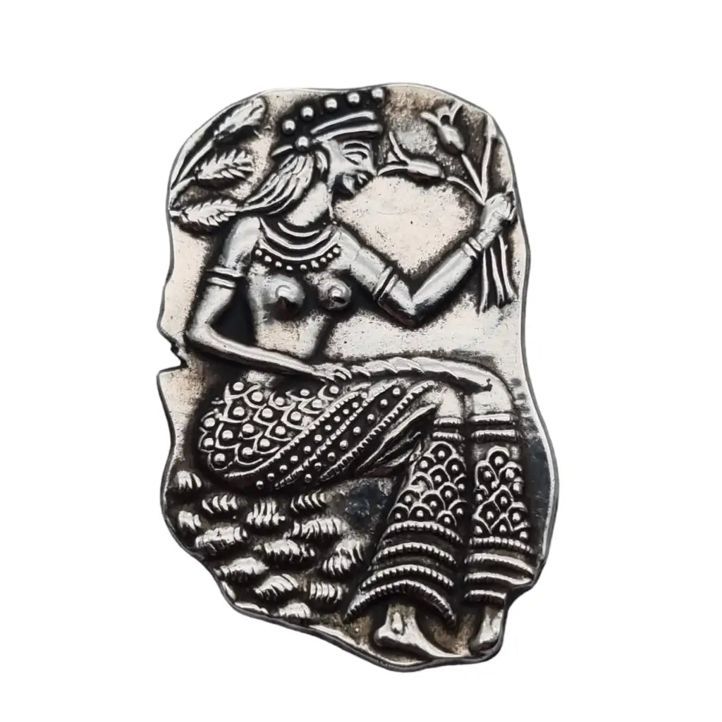 Greek silver brooch of the parisienne from the mural of knossos, vintage jewelry.