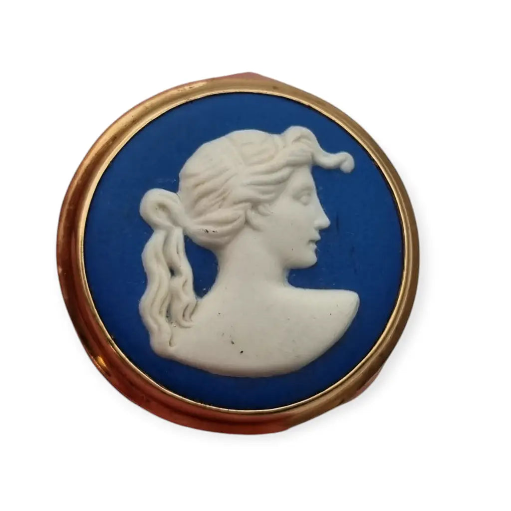 Wedgwood porcelain blue cameo brooch with classic lady profile, England.