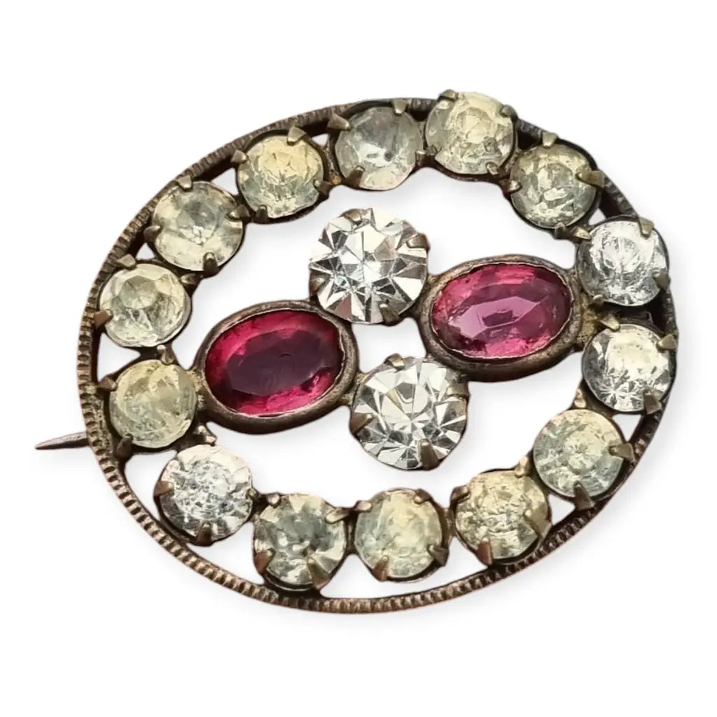 Antique Victorian oval lady's brooch with white and pink crystals, 1900.