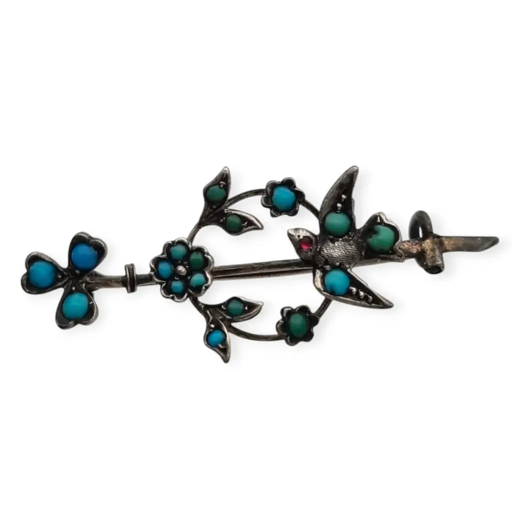 Victorian silver bird and flower brooch, sentimental piece of jewellery, 1890.