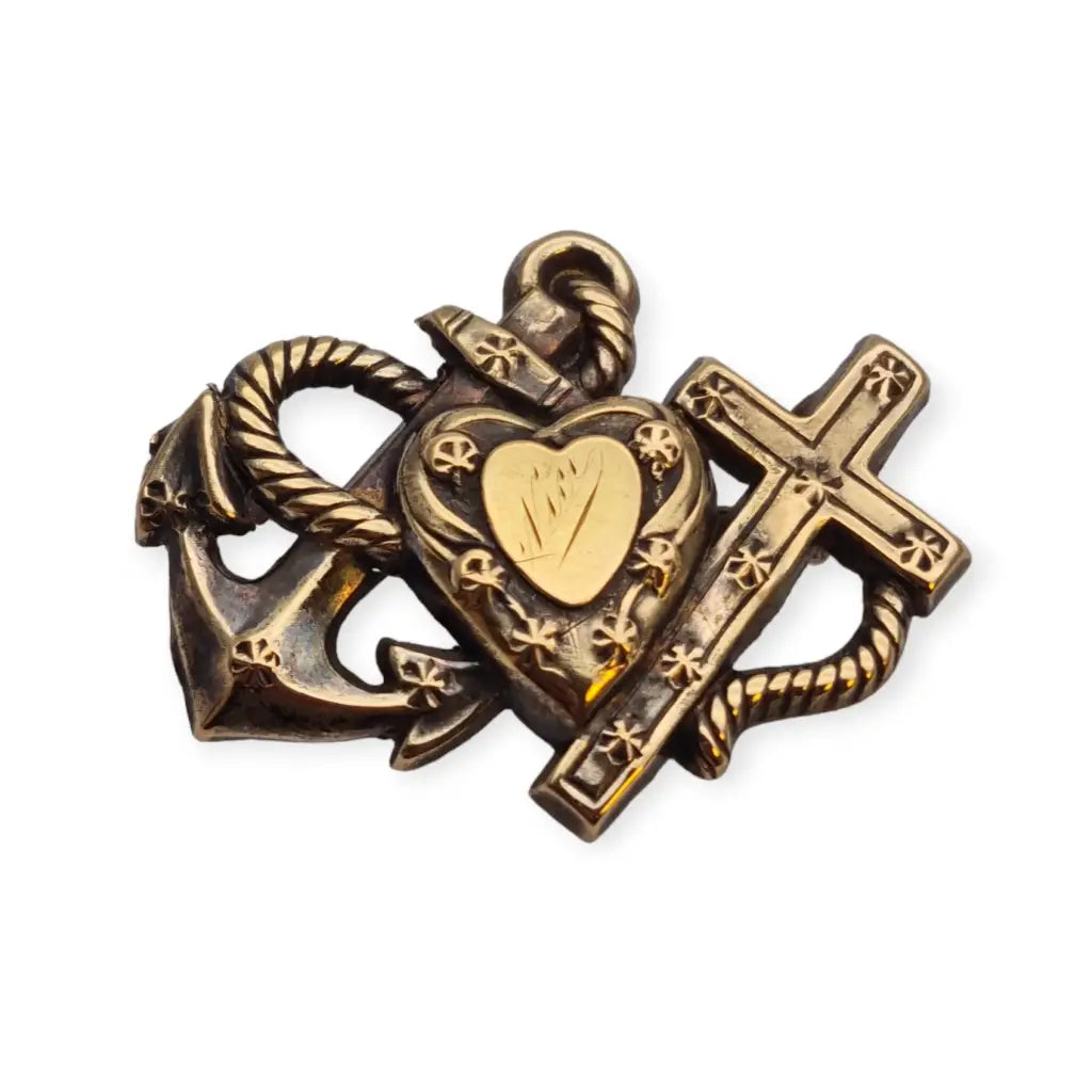 Victorian Sweetheart Brooch: gold heart, cross and anchor, women's gifts.