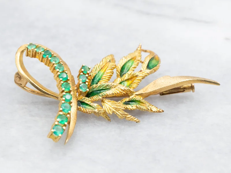 Brushed Gold Green Onyx and Enamel Brooch