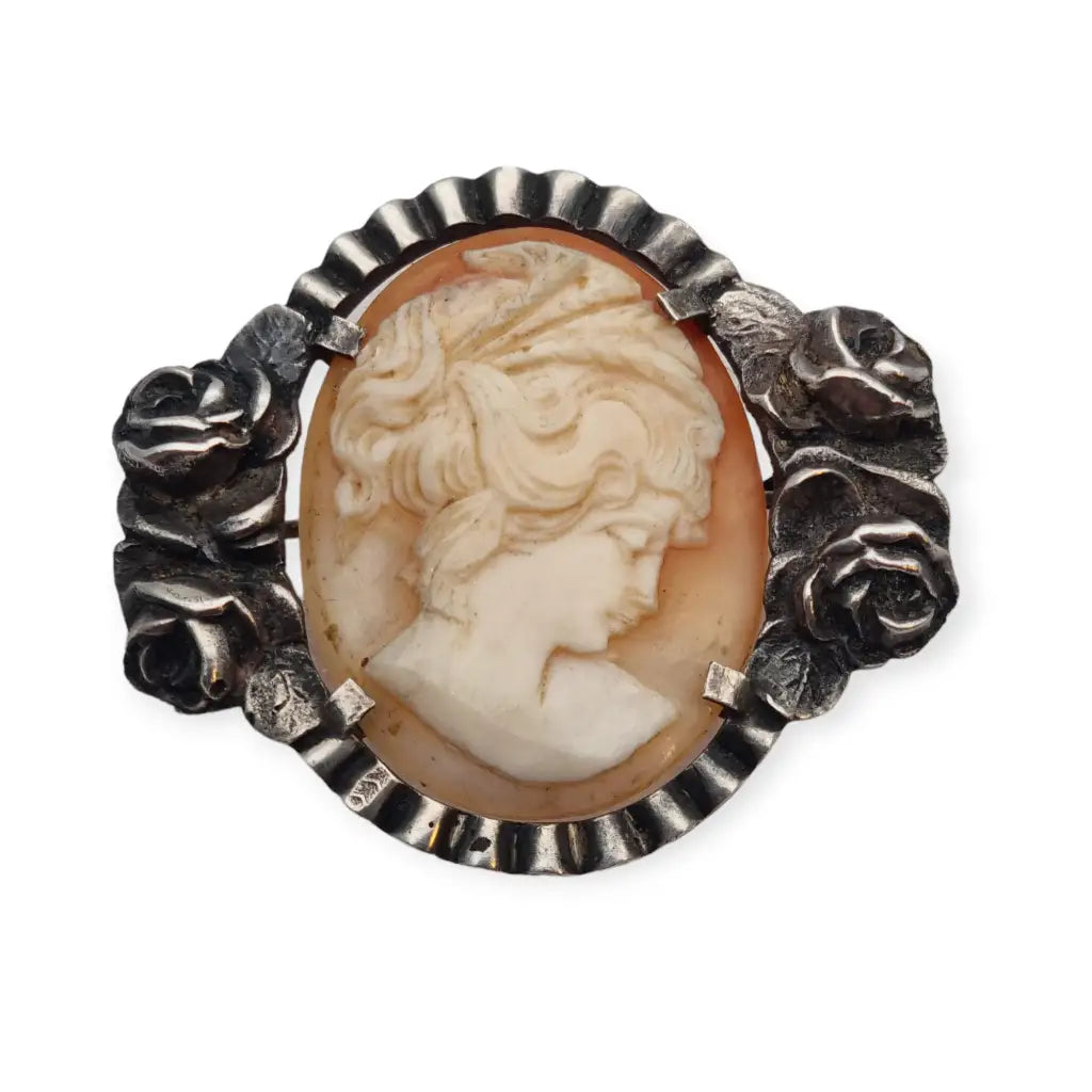 Art Nouveau Pendant and Brooch Cameo of Carved Shell and Silver, Floral Design.