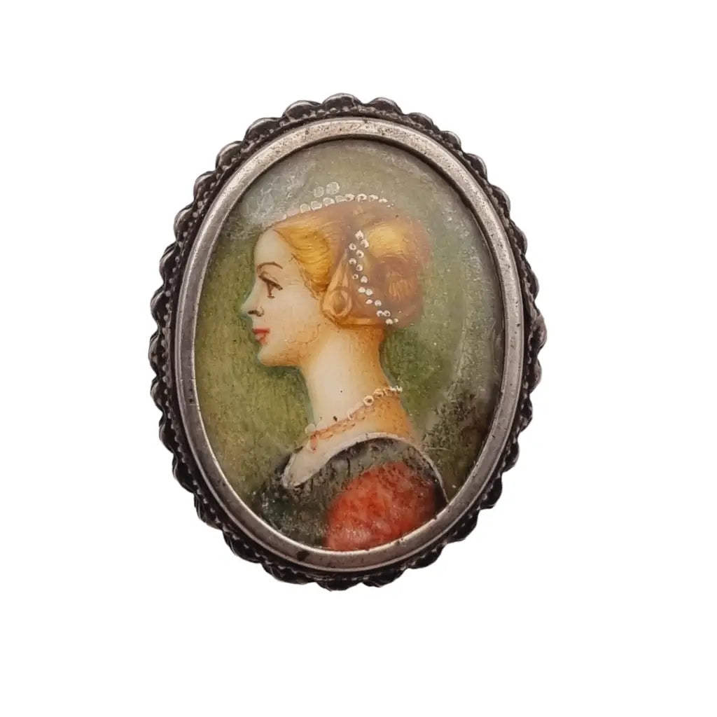 Victorian pendant and brooch, 800 silver, original painted miniature. 1930-40.