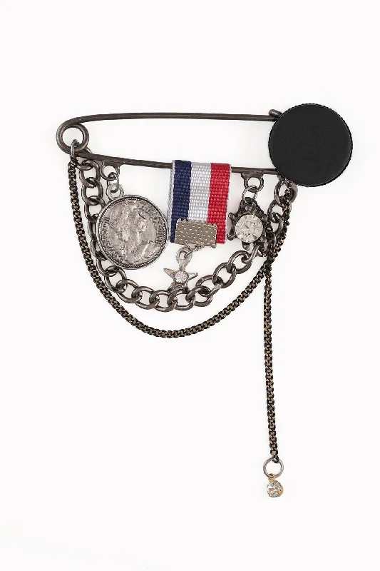 Elegant Flag and Coin Chain Hanging Safety Pin Brooch