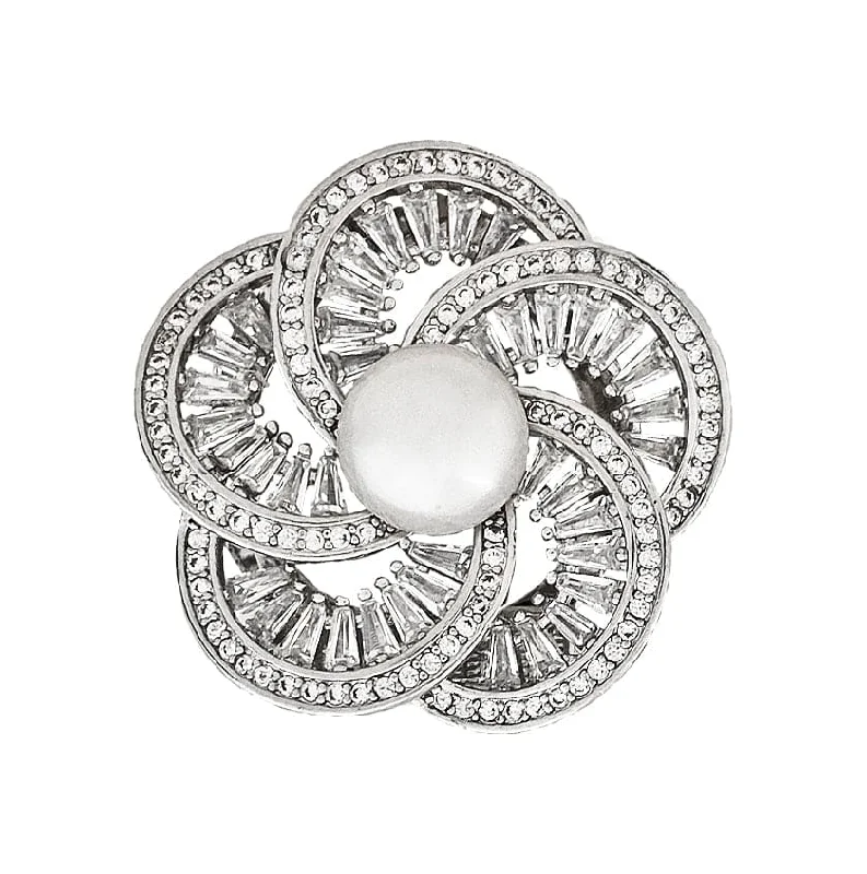 Flower Silver Plated Brooch w/ Crystals & Cultured Pearl