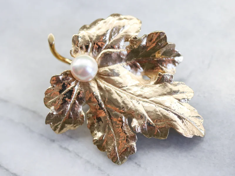 Golden Pearl Grape Leaf Brooch