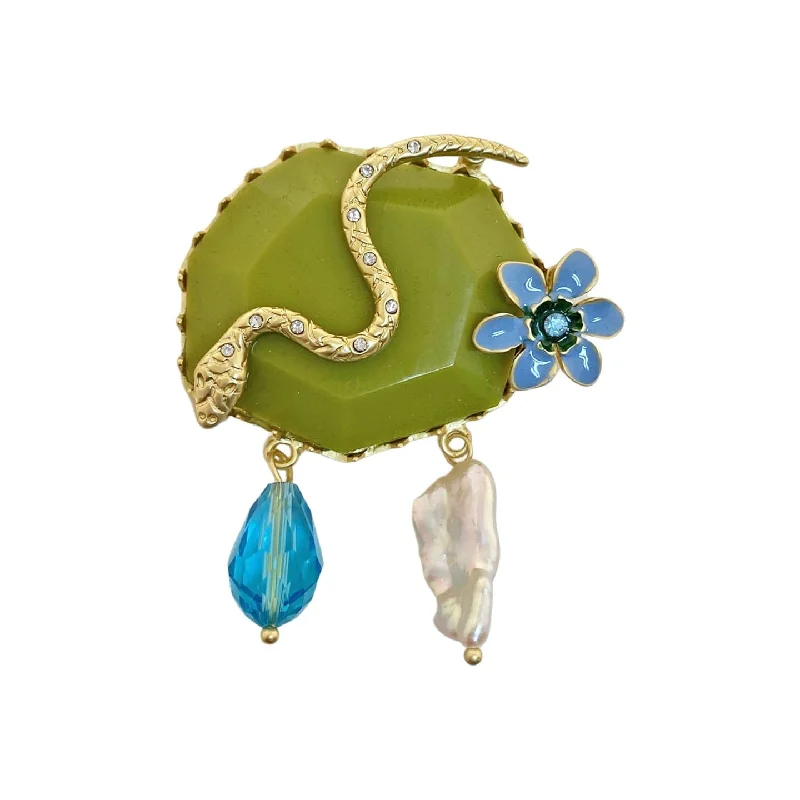 Golden Brooch w/ Green Resin & Mother of Pearl & Enamel Flower & Snake