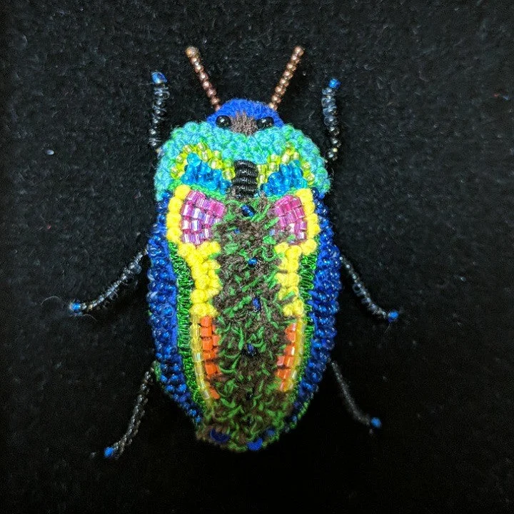 HAND EMBROIDERED MEDAL RAINBOW BEETLE BROOCH